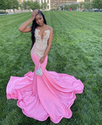 Pink Gorgeous Exquisite Beaded Elegant Stunning Mermaid Long Satin Floor Length Train Formal Prom Dresses Formal Evening Gown Party Dresses