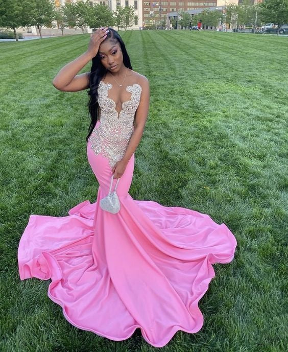 Pink Gorgeous Exquisite Beaded Elegant Stunning Mermaid Long Satin Floor Length Train Formal Prom Dresses Formal Evening Gown Party Dresses