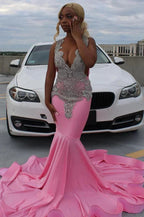 Pink Gorgeous Exquisite Beaded Elegant Stunning Mermaid Long Satin Floor Length Train Formal Prom Dresses Formal Evening Gown Party Dresses