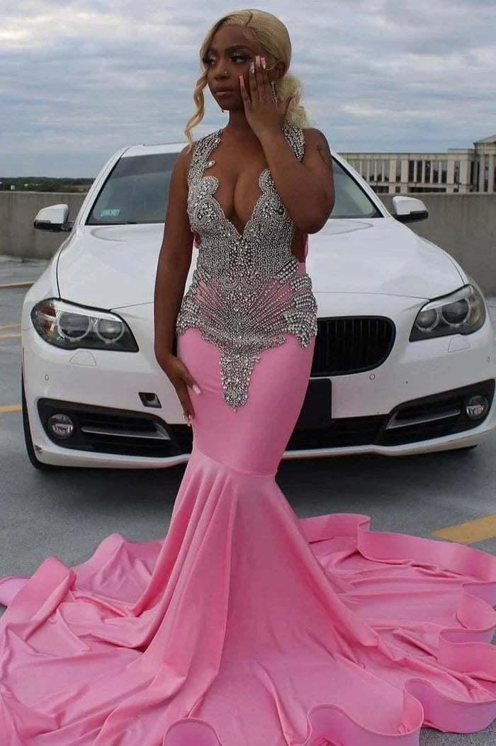 Pink Gorgeous Exquisite Beaded Elegant Stunning Mermaid Long Satin Floor Length Train Formal Prom Dresses Formal Evening Gown Party Dresses