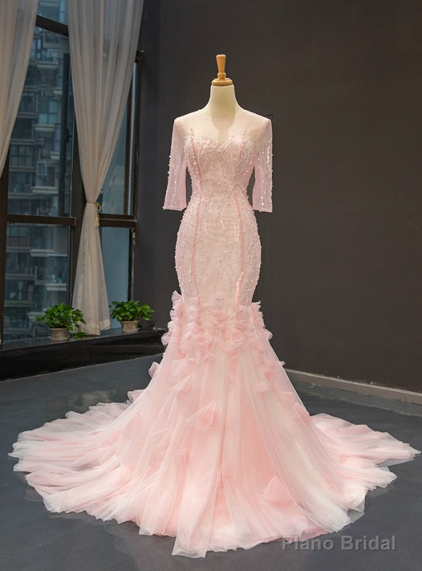 Pink Mermaid Long Sleeve Backless Beading Sequins Prom Dress Main image