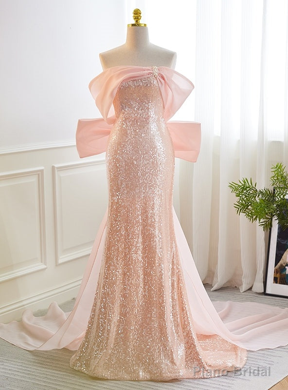 Pink Mermaid Off the Shoulder Prom Dress With Bow Main image