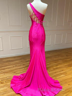 Pink Mermaid One Shoulder Long Formal Prom Dresses