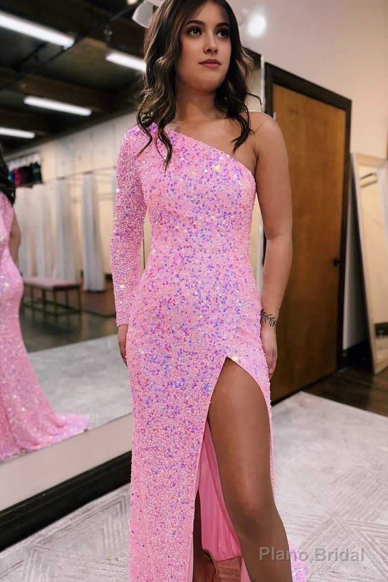 Pink Mermaid One Shoulder Sequins Prom Dress Secondary image