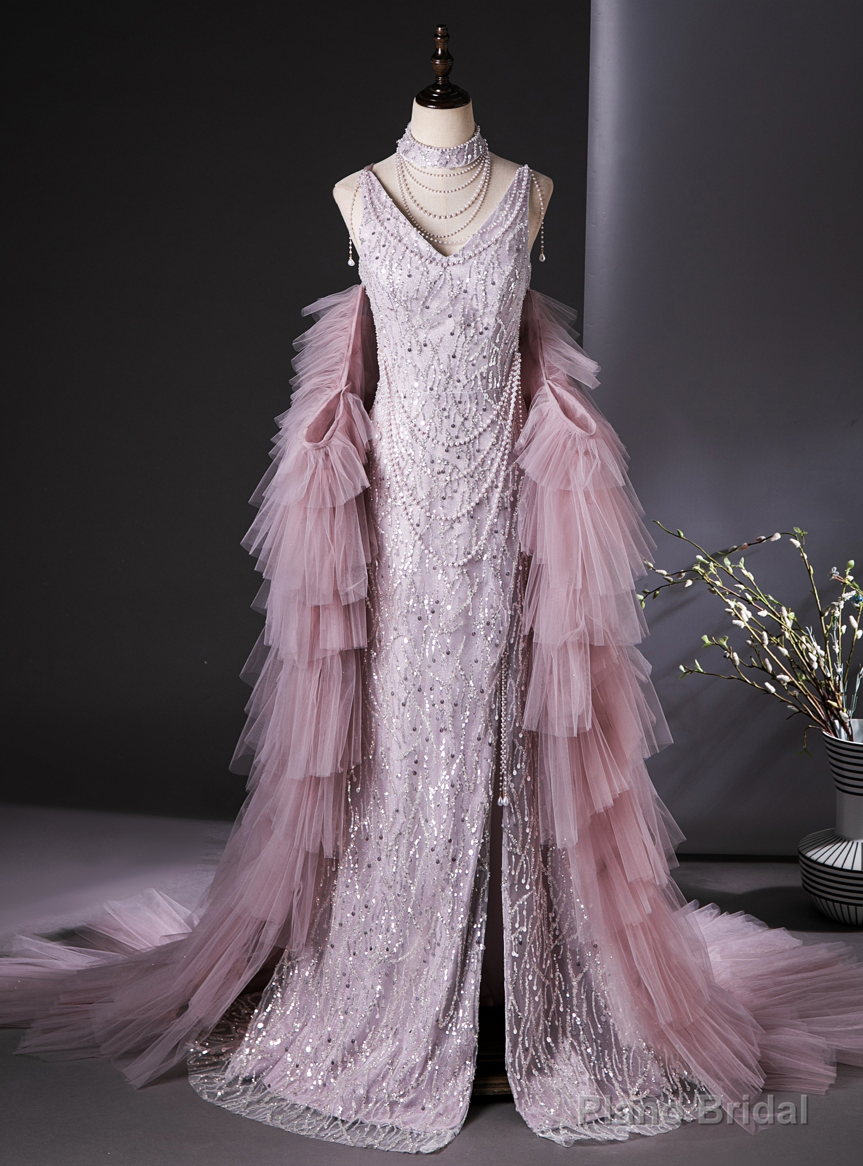 Pink Mermaid Sequins Beading Prom Dress With Train Main image