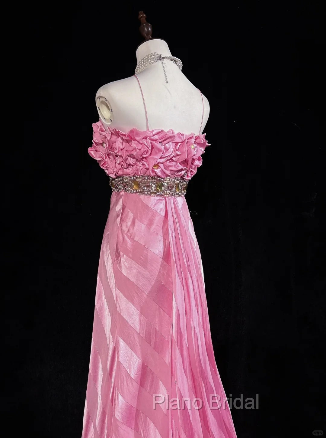 Pink Mermaid Spaghetti Straps Satin Beaded Long Formal Prom Dresses Beautiful Bridal Dresses