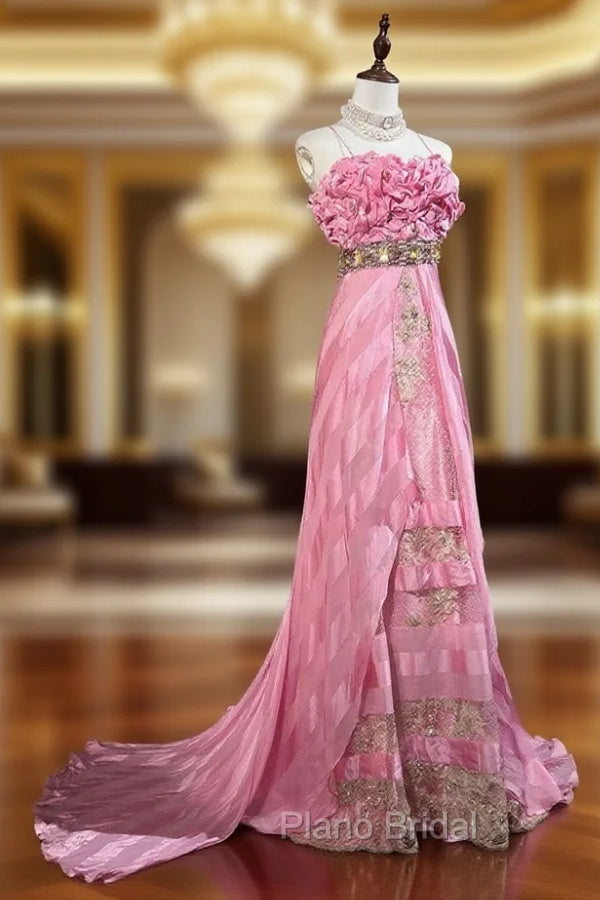 Pink Mermaid Spaghetti Straps Satin Beaded Long Formal Prom Dresses Beautiful Bridal Dresses