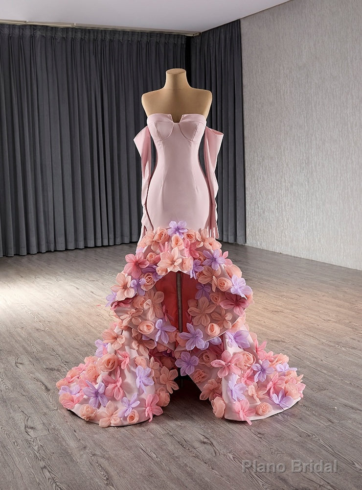 Pink Mermaid Strapless Flower Prom Dress Main image