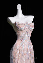 Pink Mermaid Strapless Tulle Diamond Long Formal Prom Dresses Sweet Wedding Dresses Formal Dresses