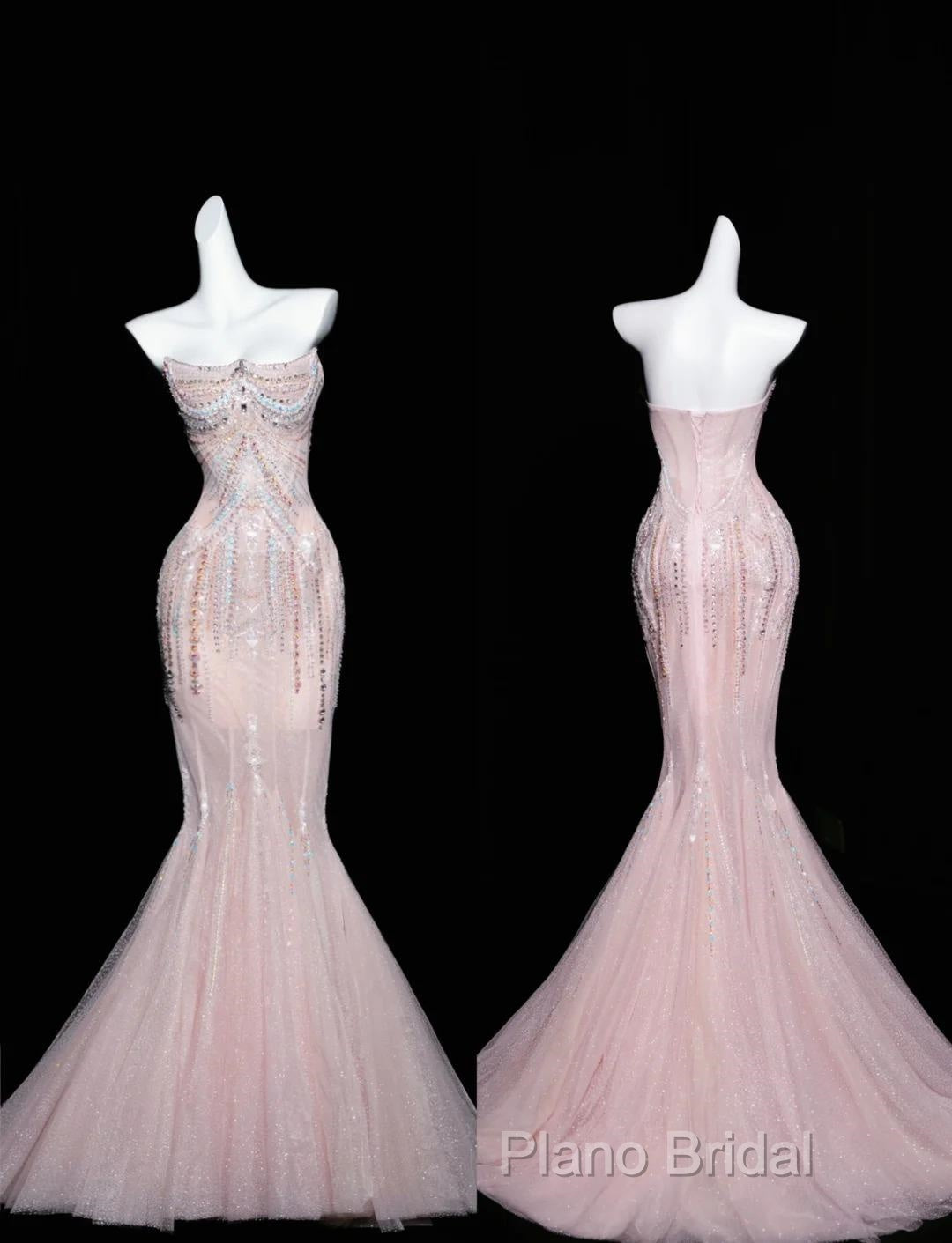 Pink Mermaid Strapless Tulle Diamond Long Formal Prom Dresses Sweet Wedding Dresses Formal Dresses