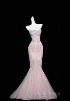 Pink Mermaid Strapless Tulle Diamond Long Formal Prom Dresses Sweet Wedding Dresses Formal Dresses