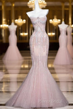 Pink Mermaid Strapless Tulle Diamond Long Formal Prom Dresses Sweet Wedding Dresses Formal Dresses