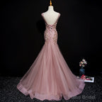Pink Mermaid Tulle Long Evening Dress with Lace, V-neckline Floor Length Prom Dress