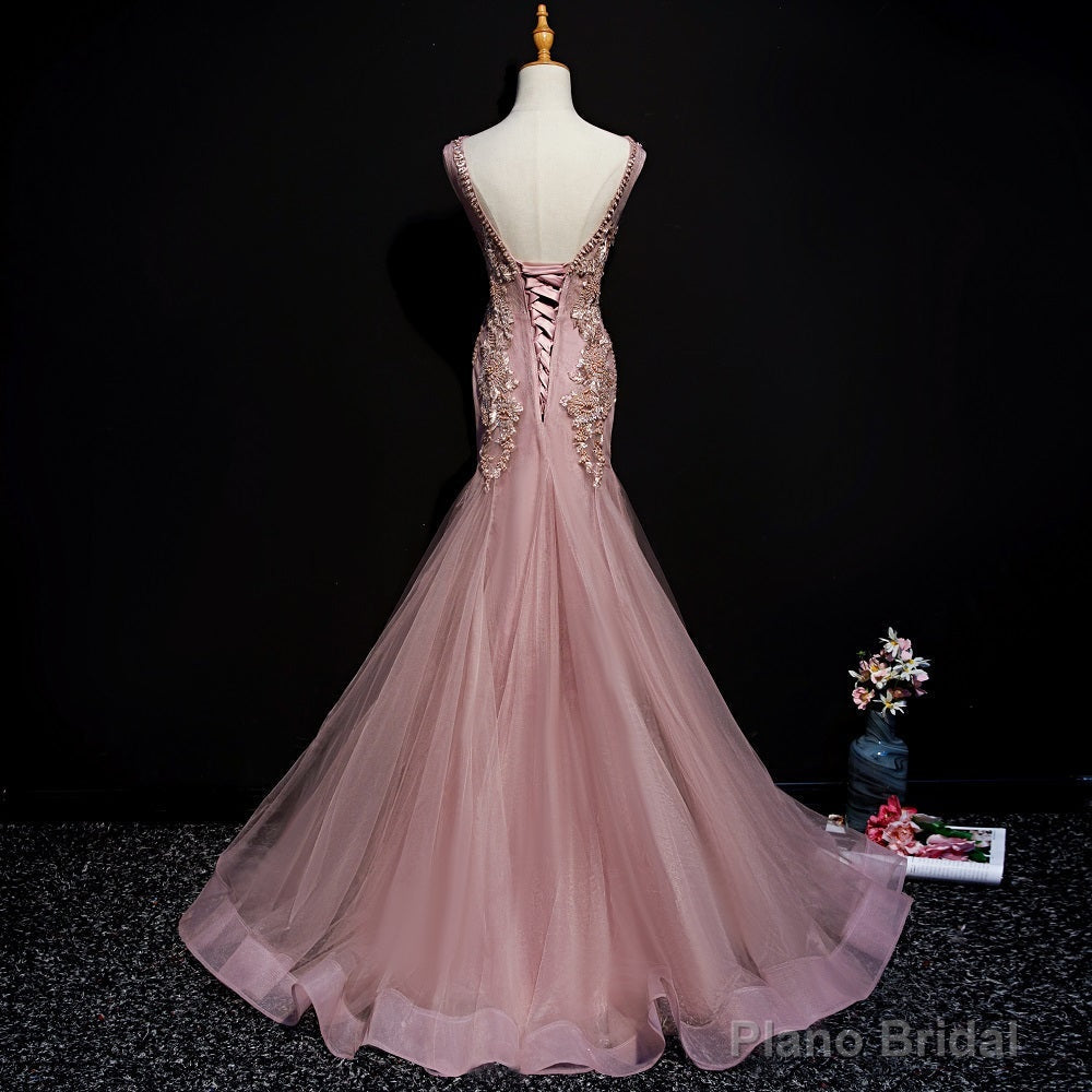 Pink Mermaid Tulle Long Evening Dress with Lace, V-neckline Floor Length Prom Dress