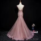 Pink Mermaid Tulle Long Evening Dress with Lace, V-neckline Floor Length Prom Dress