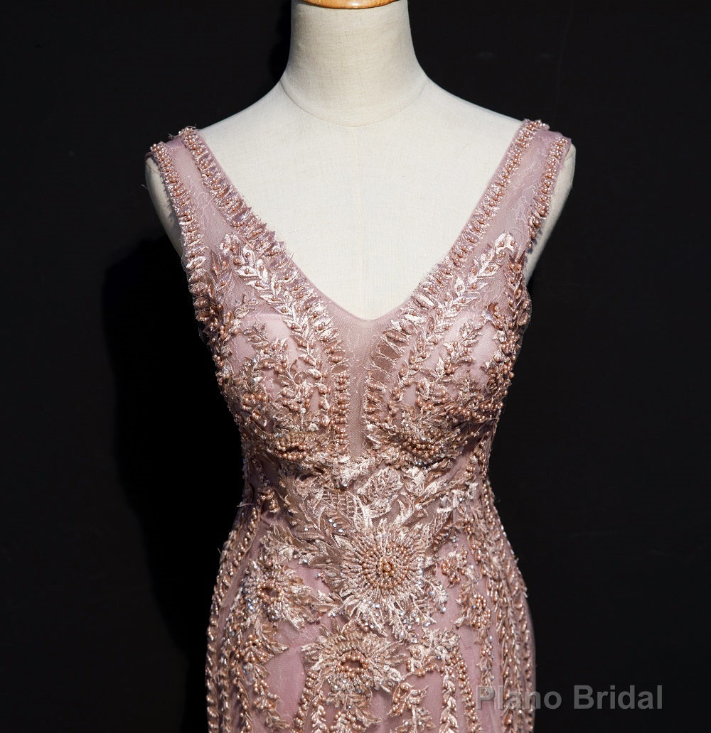 Pink Mermaid Tulle Long Evening Dress with Lace, V-neckline Floor Length Prom Dress