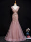 Pink Mermaid Tulle Long Evening Dress with Lace, V-neckline Floor Length Prom Dress