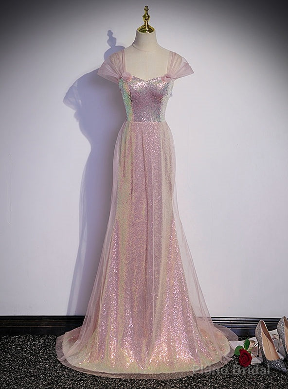 Pink Mermaid Tulle Sequins Off the Shoulder Prom Dress Main image