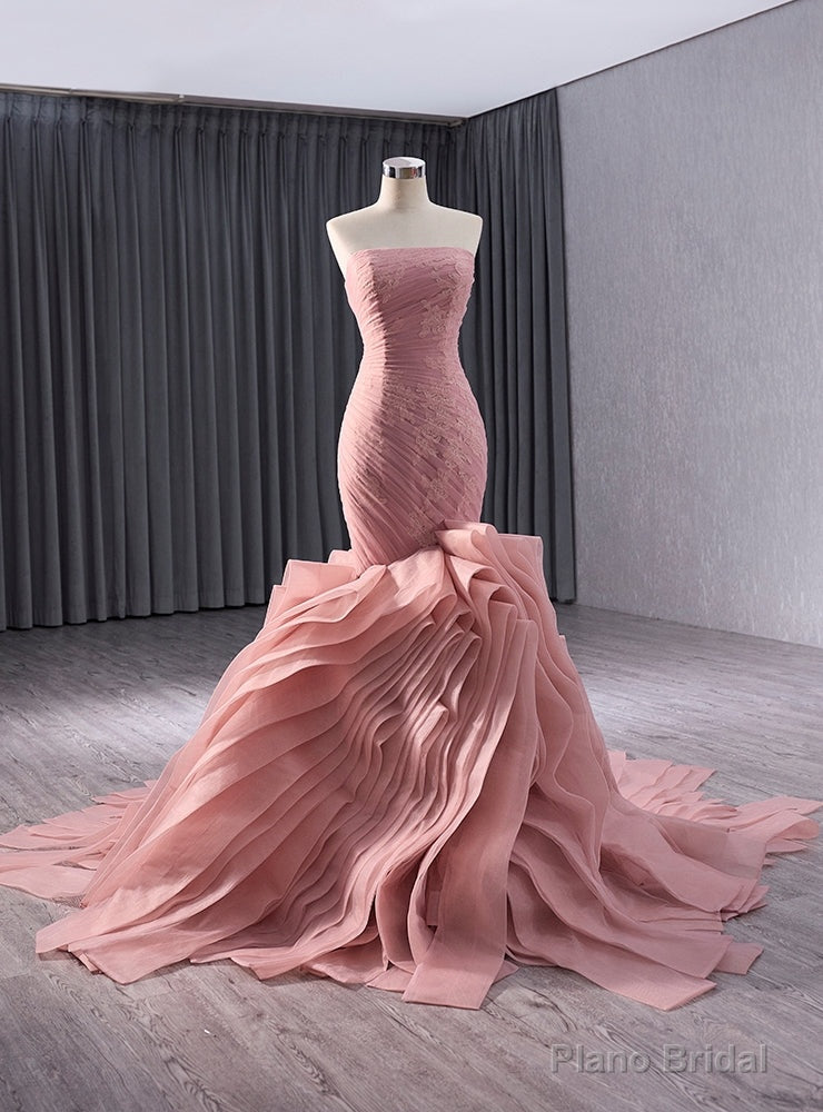 Pink Mermaid Tulle Strapless Pleats Prom Dress Main image