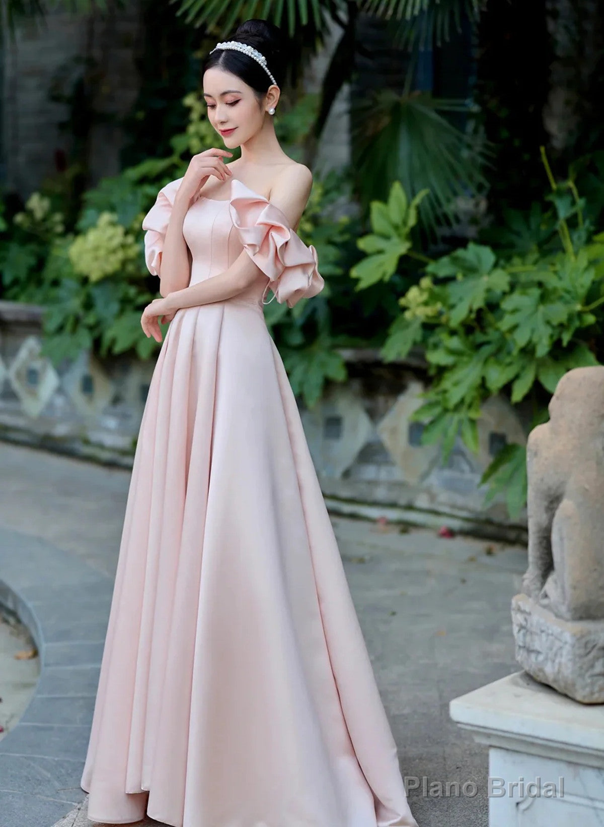 Pink Off Shoulder A-line Satin Long Party Dress, Pink Prom Dress Evening Dress Secondary image