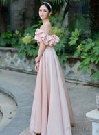 Pink Off Shoulder A-line Satin Long Party Dress, Pink Prom Dress Evening Dress