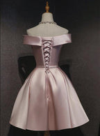 Pink Off Shoulder Homecoming Dresses, Pink Party Dresses , Cute Satin Dresses