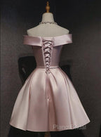 Pink Off Shoulder Homecoming Dresses, Pink Party Dresses , Cute Satin Dresses