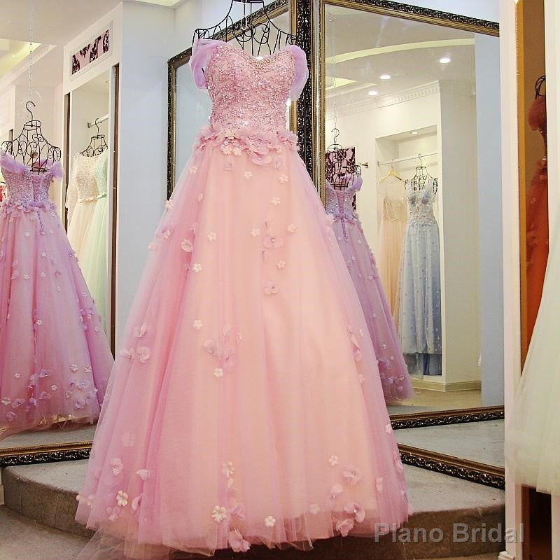 Pink Off Shoulder Lace Applique Tulle Flowers Prom Dress, Pink Formal Dress Sweet 16 Dress