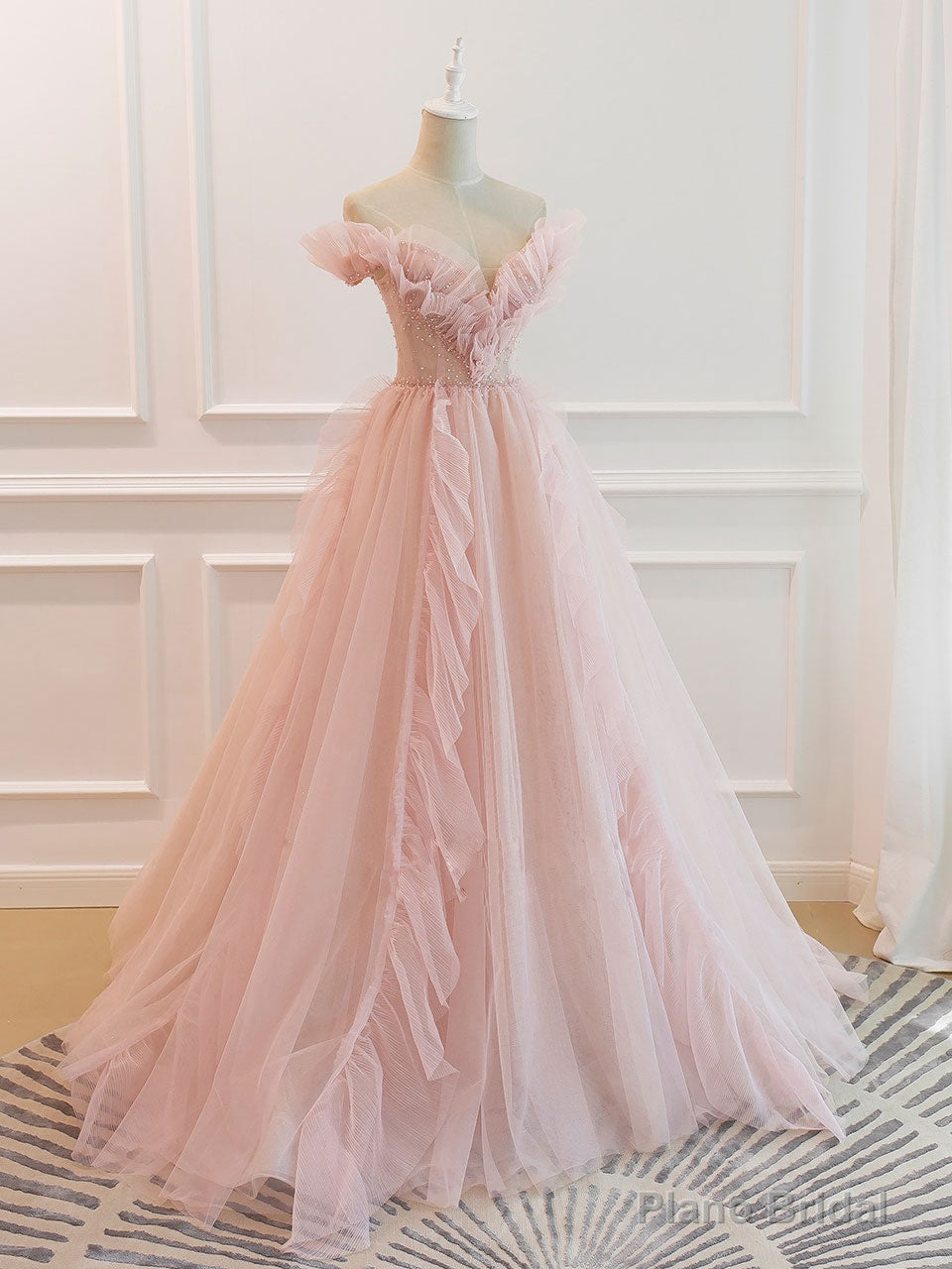 Pink Off Shoulder Tulle Long Prom Dress, Pink A line Tulle Graduation Dress Secondary image