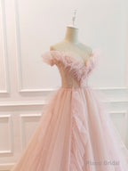 Pink Off Shoulder Tulle Long Prom Dress, Pink A line Tulle Graduation Dress
