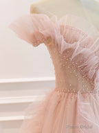 Pink Off Shoulder Tulle Long Prom Dress, Pink A line Tulle Graduation Dress
