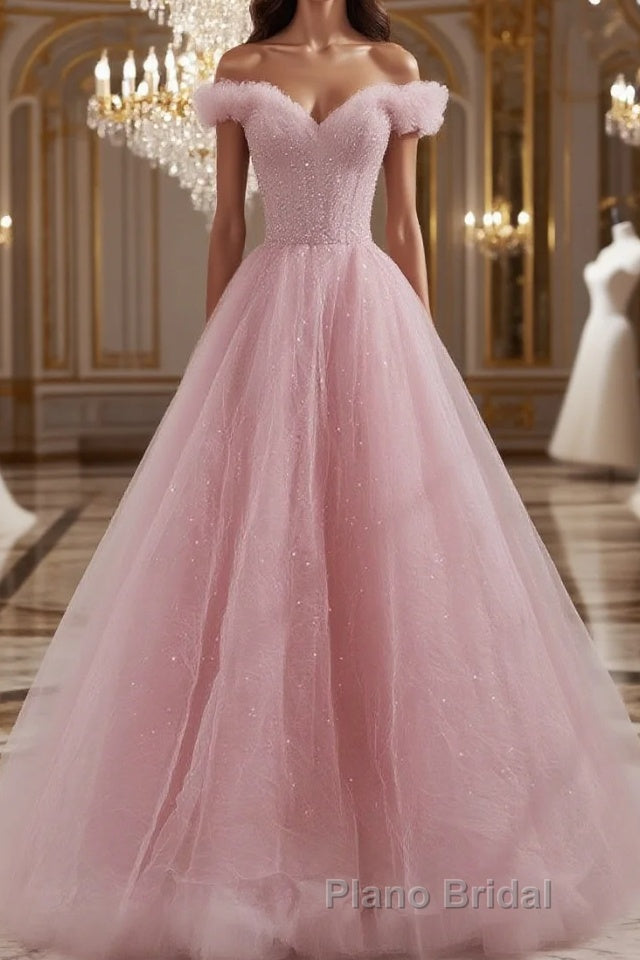 Pink off shoulder tulle sequin long Formal Prom dress, pink formal dress Main image