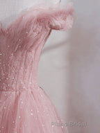 Pink off shoulder tulle sequin long Formal Prom dress, pink formal dress