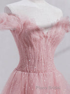 Pink off shoulder tulle sequin long Formal Prom dress, pink formal dress