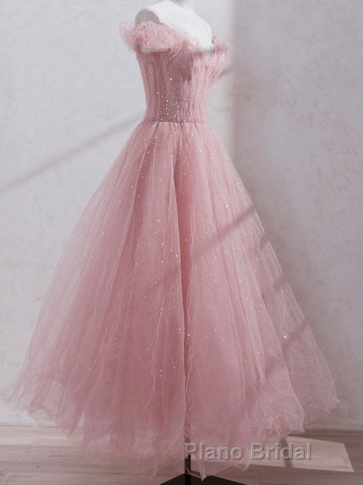 Pink off shoulder tulle sequin long Formal Prom dress, pink formal dress