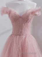Pink off shoulder tulle sequin long Formal Prom dress, pink formal dress