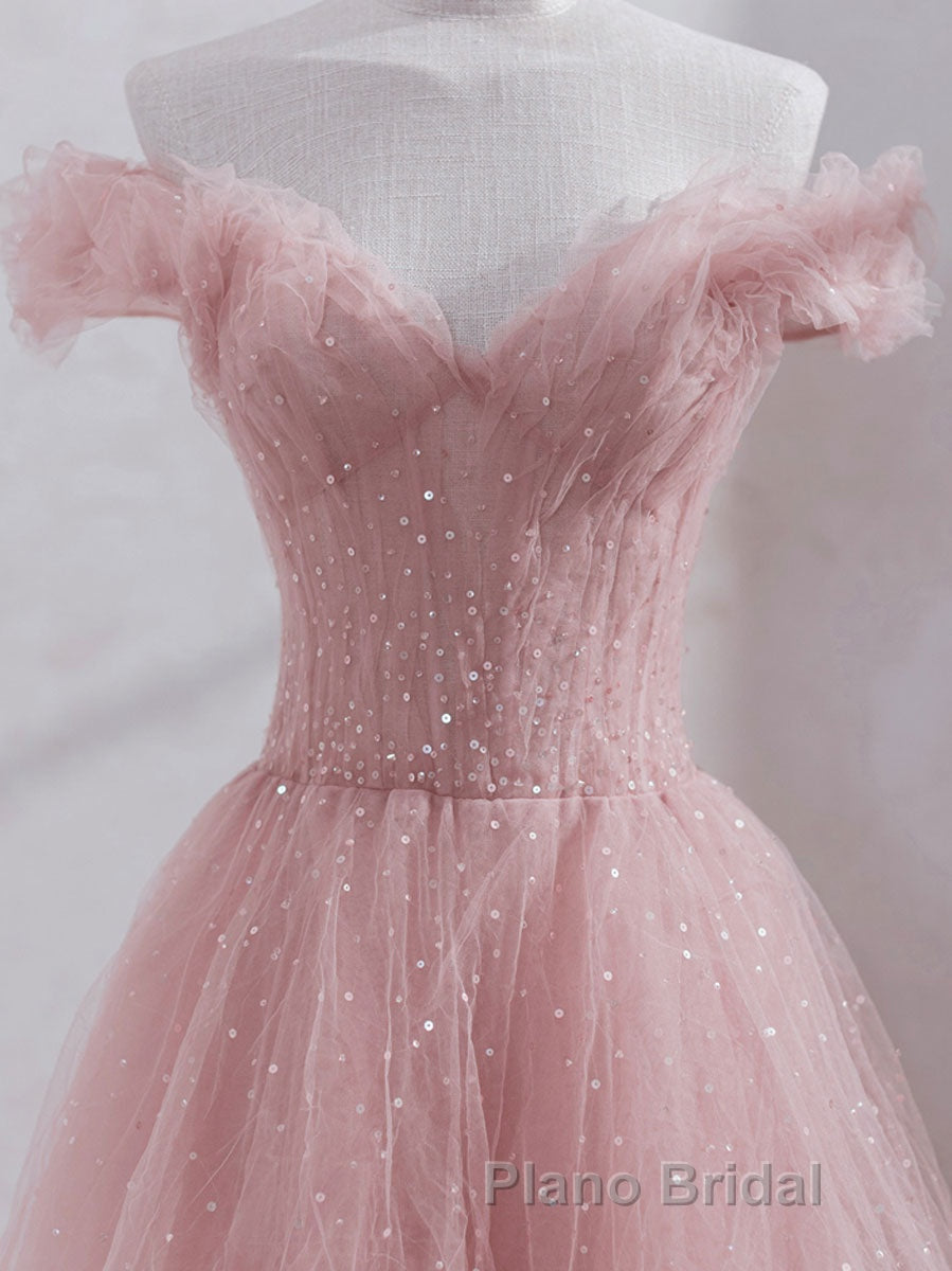 Pink off shoulder tulle sequin long Formal Prom dress, pink formal dress