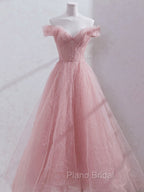 Pink Off Shoulder Tulle Tea Length Formal Prom Dresses, Pink Tulle Evening Dresses