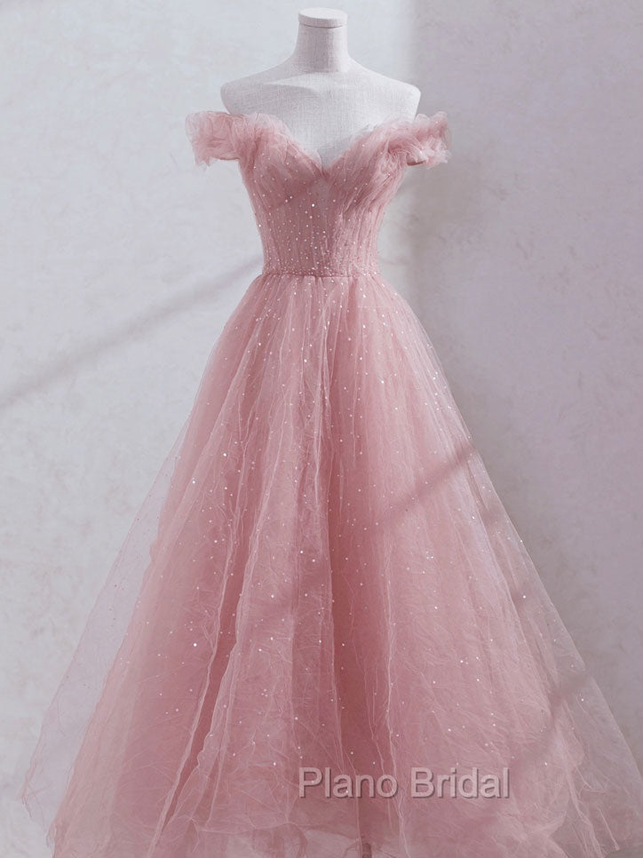 Pink Off Shoulder Tulle Tea Length Formal Prom Dresses, Pink Tulle Evening Dresses