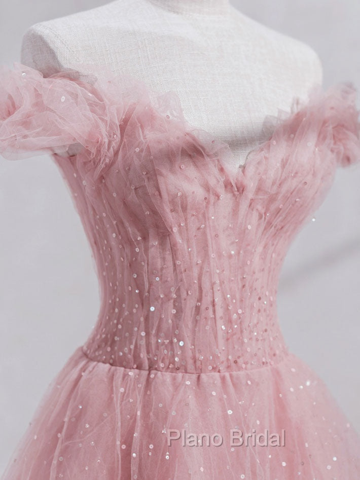 Pink Off Shoulder Tulle Tea Length Formal Prom Dresses, Pink Tulle Evening Dresses