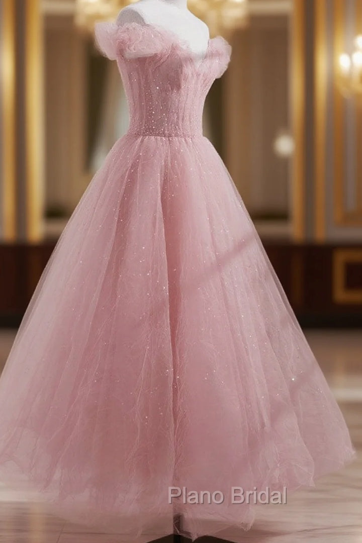 Pink Off Shoulder Tulle Tea Length Formal Prom Dresses, Pink Tulle Evening Dresses Main image
