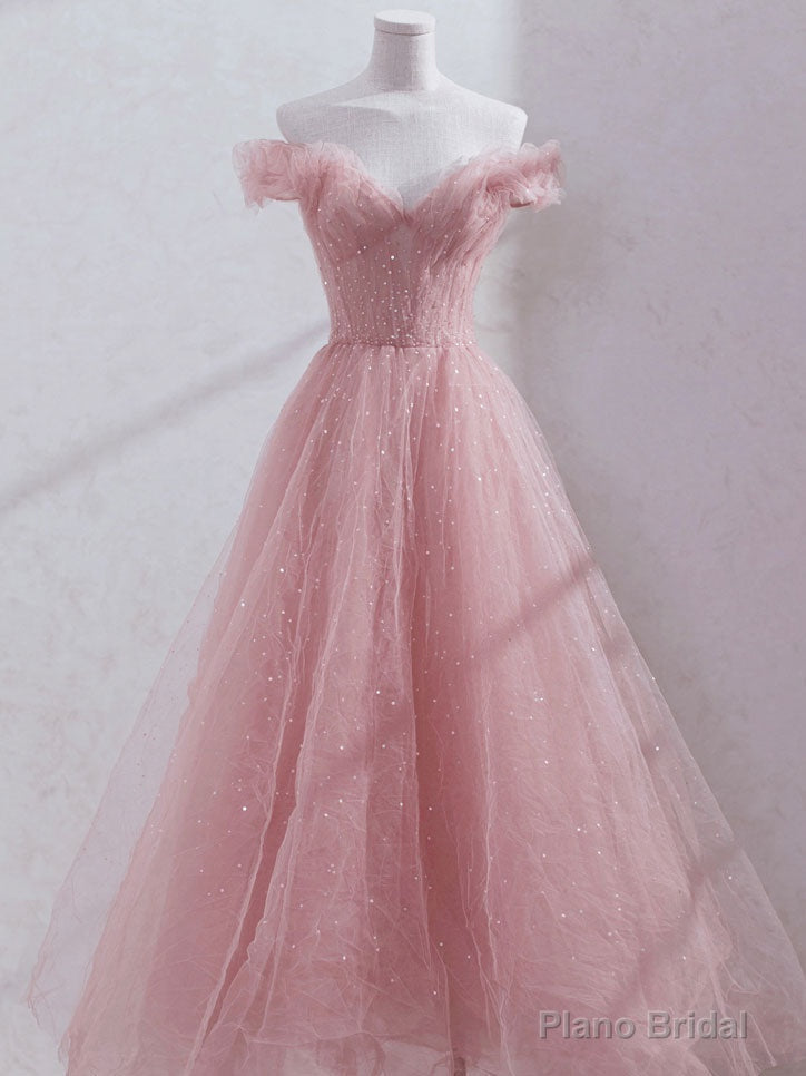 Pink Off Shoulder Tulle Tea Length Prom Dress,Pink Tulle Wedding Party Dresses Main image