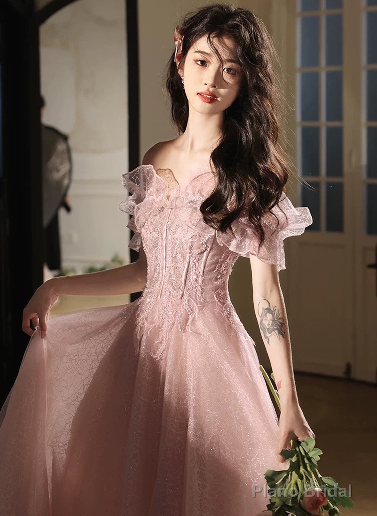 Pink Off Shoulder Tulle with Beaded Long Party Dress, Pink Tulle Prom Dress Formal Dress Secondary image