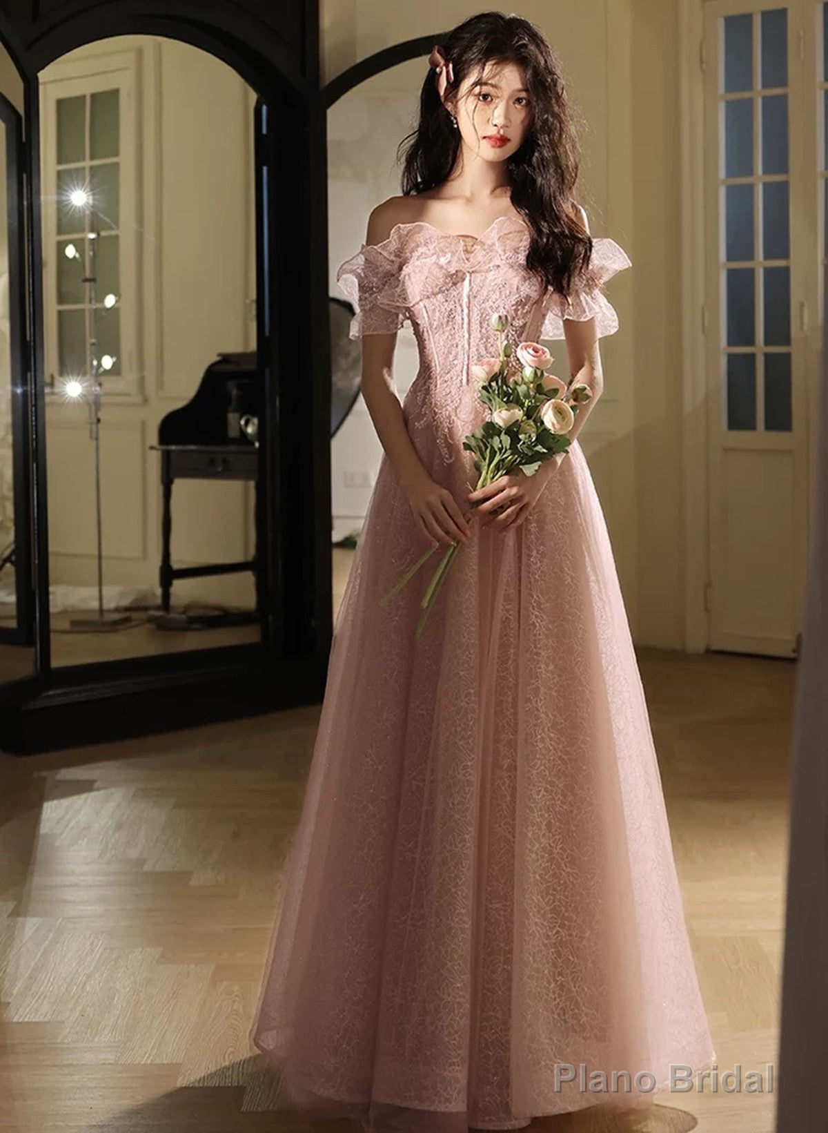 Pink Off Shoulder Tulle with Beaded Long Party Dress, Pink Tulle Prom Dress Formal Dress Main image