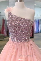 Pink One Shoulder Beads Long Formal Prom Dresses Pink Evening Dresses