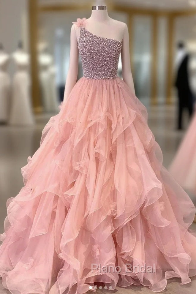 Pink One Shoulder Beads Long Formal Prom Dresses Pink Evening Dresses