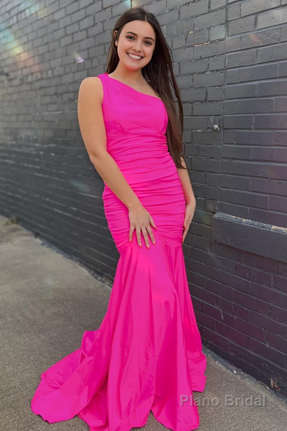 Pink One Shoulder Mermaid Long Prom Dress Main image