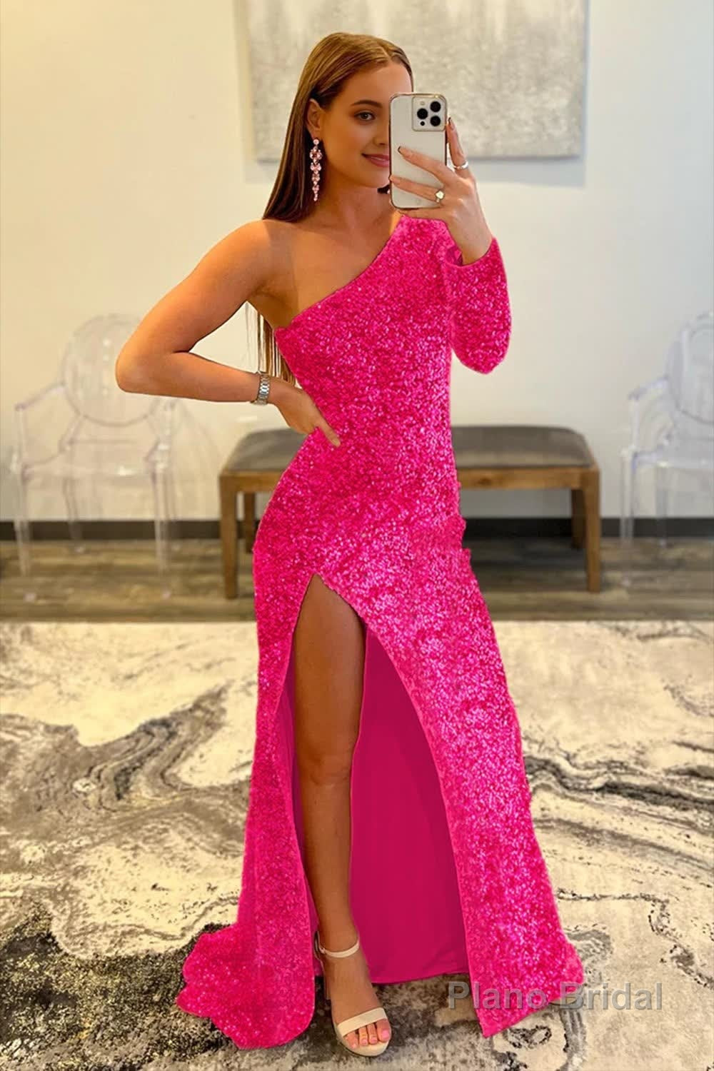 Pink One Shoulder Sequined Prom Dress Main image