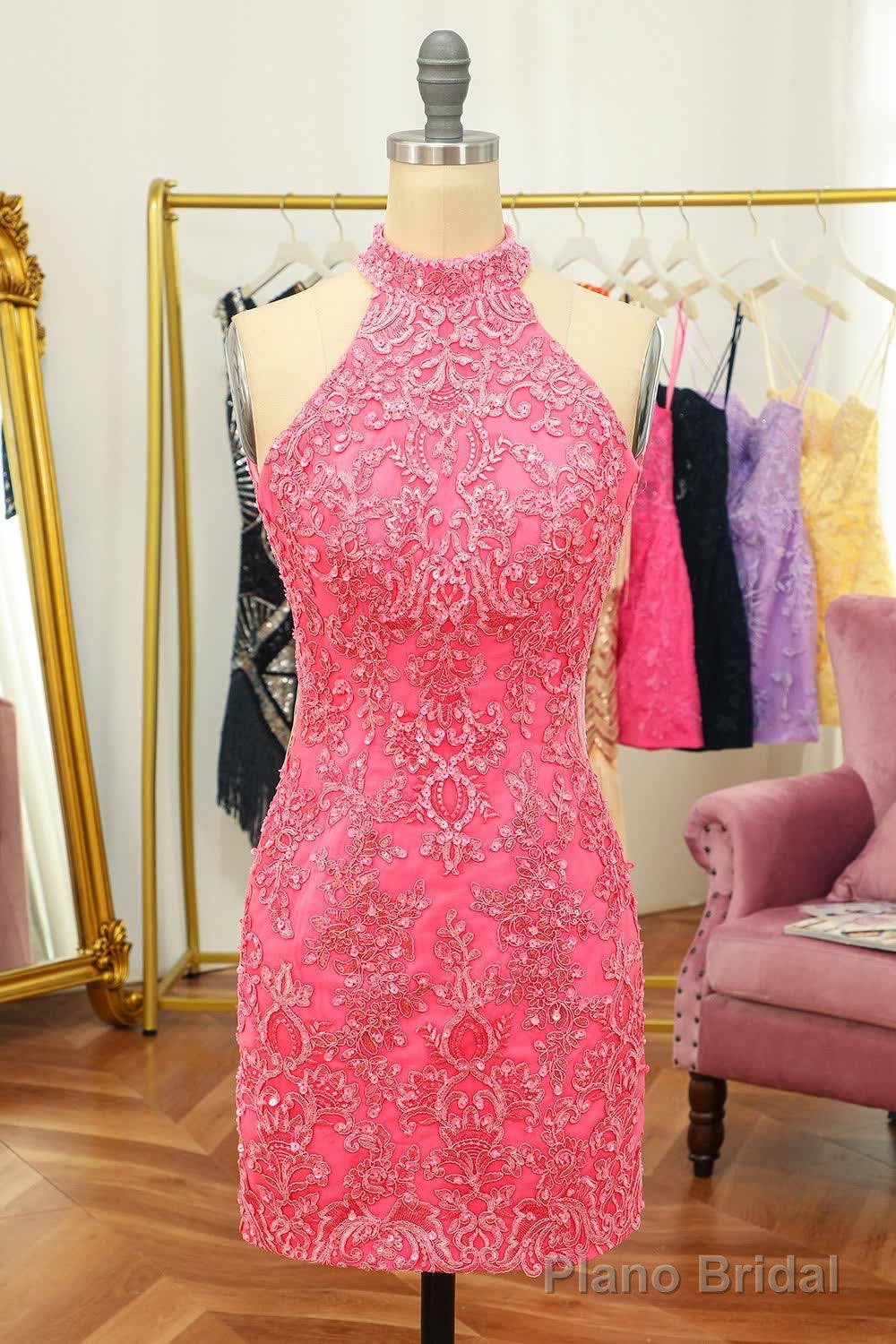 Pink Open Back Halter Lace Tight Short Homecoming Dress Main image