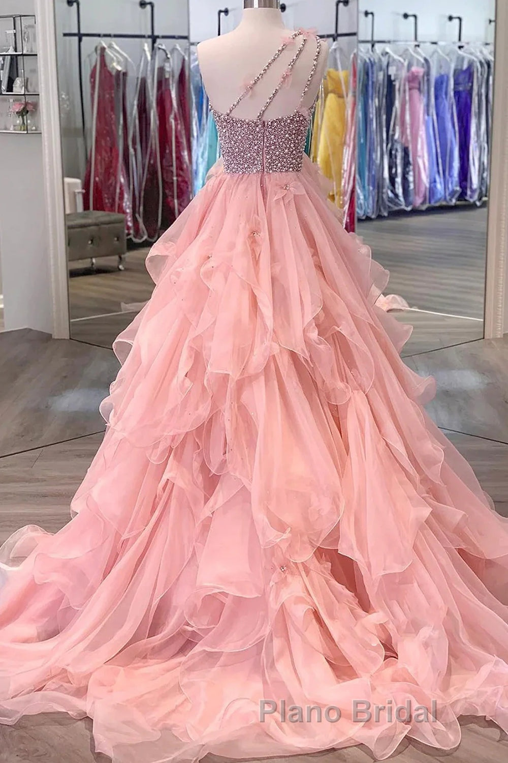 Pink Formal Prom Dress A Line One Shoulder Long Party Evening Dress with Beading Ruffles Secondary image